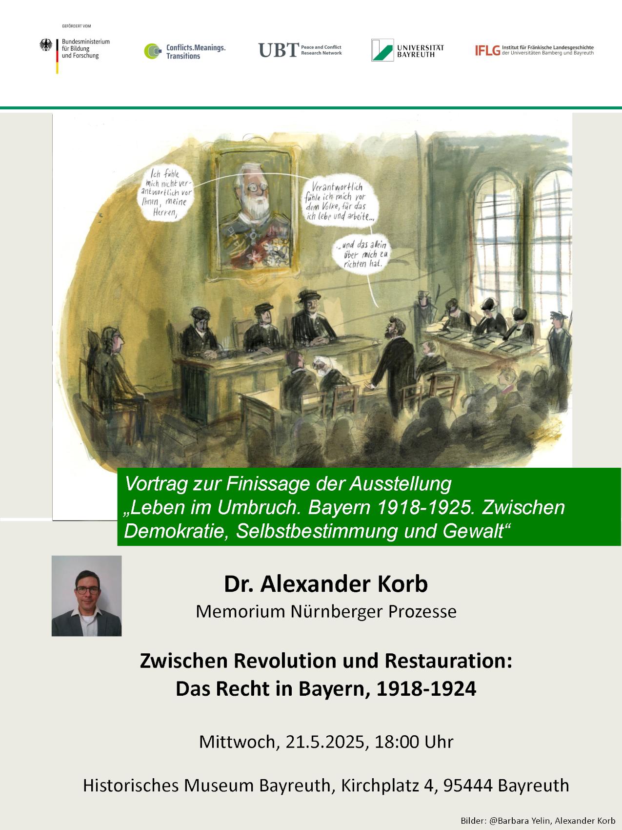 Poster der Veranstaltung Zwischen Revolution und Restauration. Im oberen Bildtteil eine Karikatur. Darunter der Veranstaltungstitel, ein Bild des Referierenden.