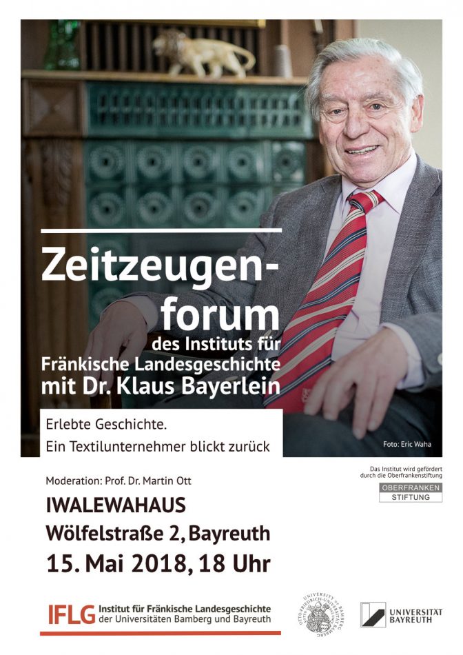 Poster des Zeitzeugenforums mit Dr. Klaus Bayerlein